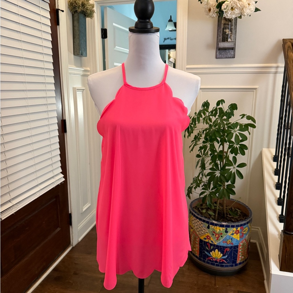 ADORA NWOT Scalloped Hot Pink Halter Top with Button Hole Closure in Back